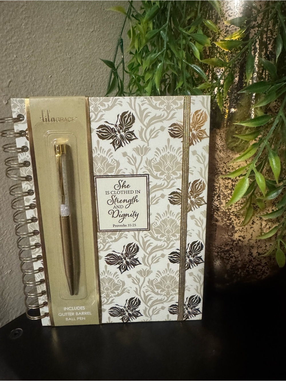 Gold Floral Spiral Journal with Pen - White & Gold